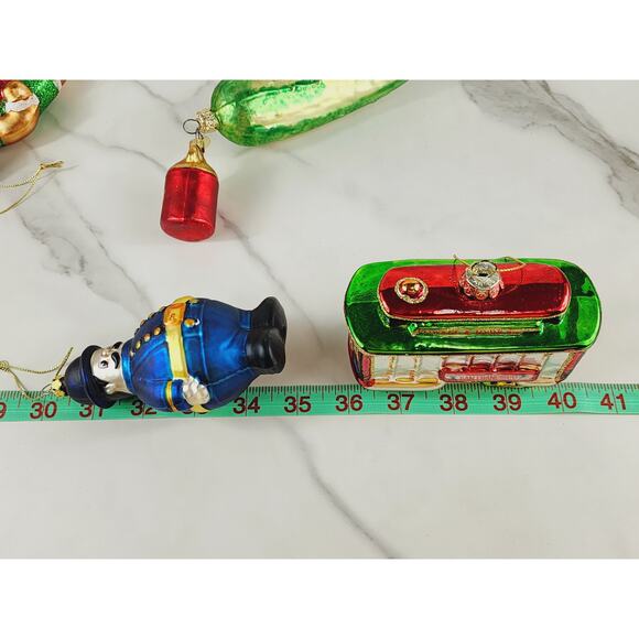 Christmas Blown Glass Ornaments Harold Cop Cowboy Santa Cable Car Pickle x5 Vtg - Picture 15 of 16
